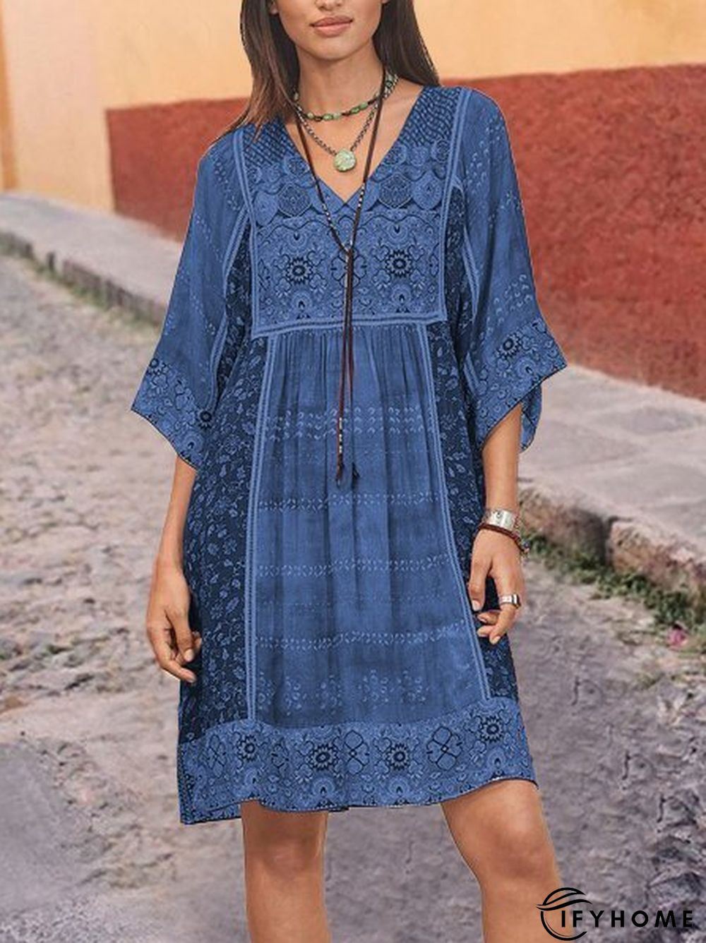 Women Half Sleeve V-Neck Vintage Floral Casual Midi Dress | IFYHOME