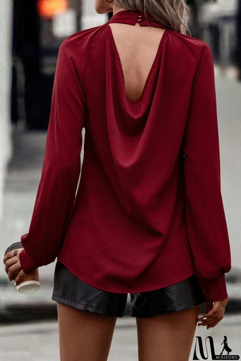 MidiSono - Cutout Gathered Detail Mock Neck Top