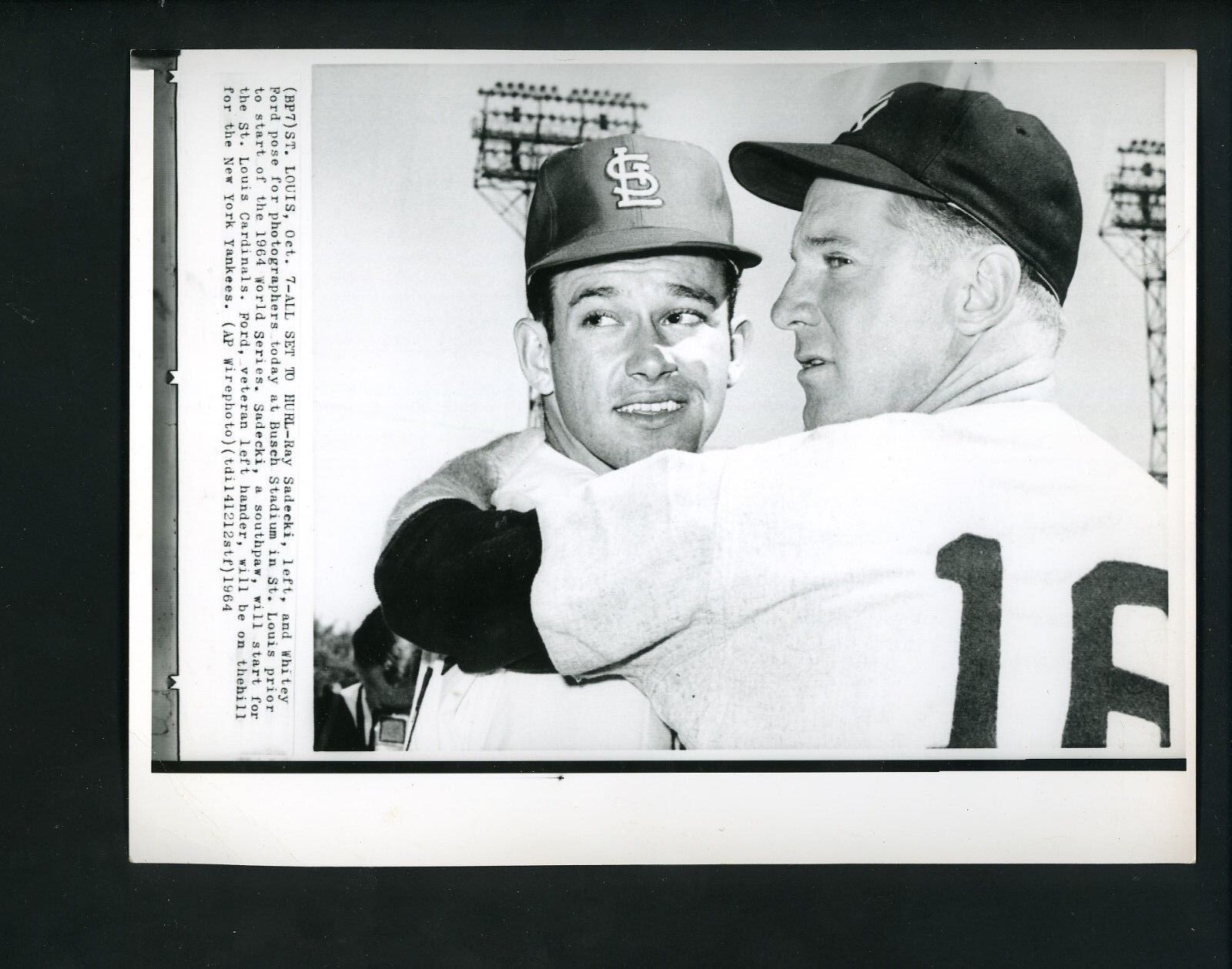 Whitey Ford & Ray Sadecki Game 1 1964 World Series Press Photo Poster painting Yankees Cardinals