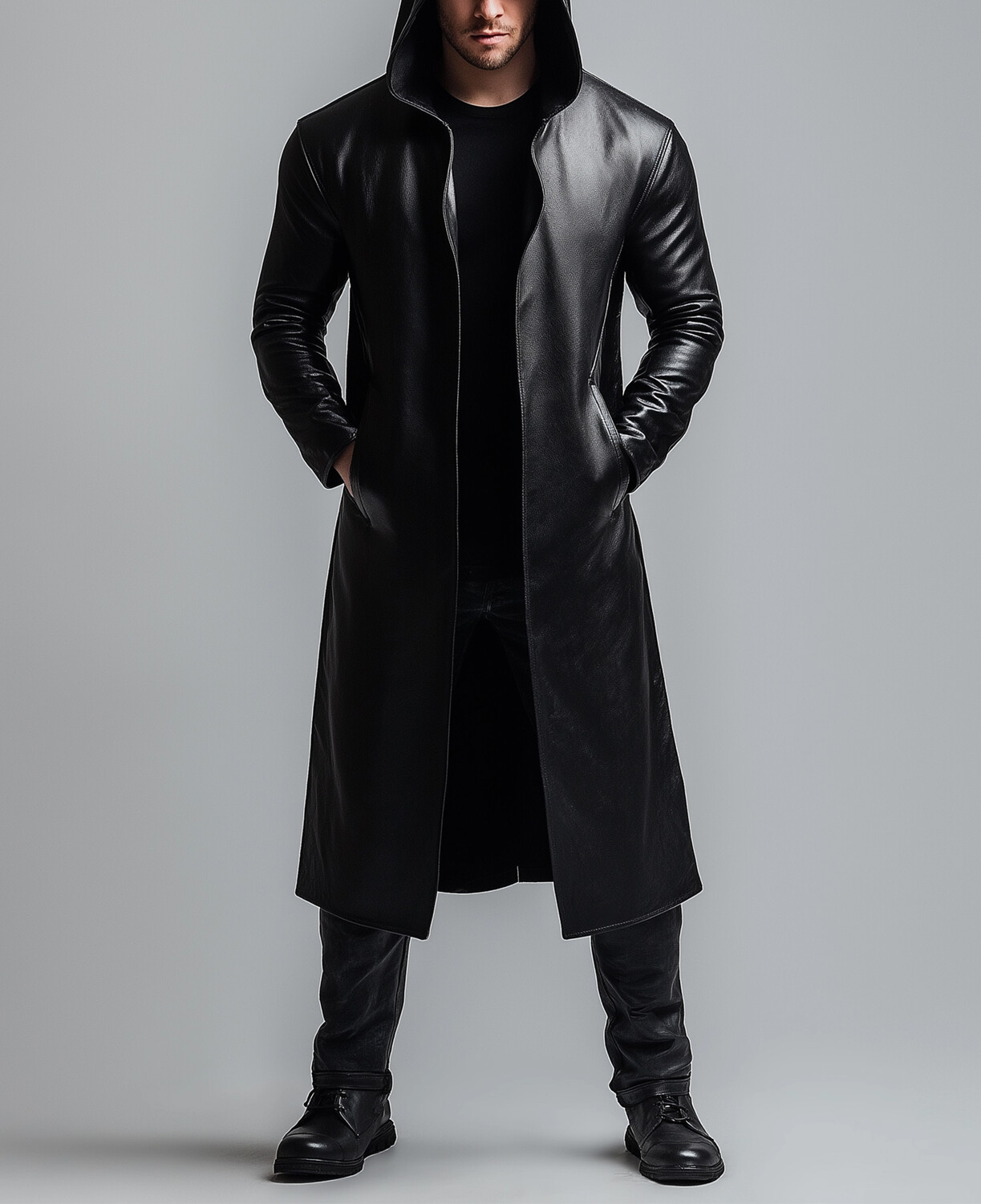 Okaywear PU Leather Slant Pocket Hooded Trench Coat