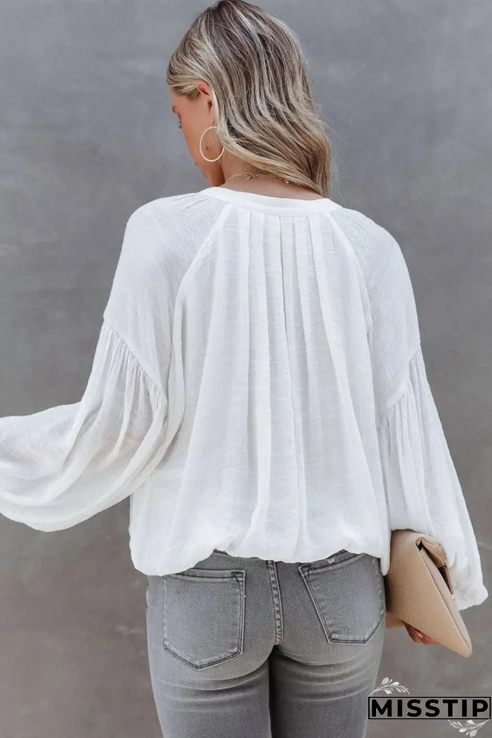 White Solid Color V Neck Balloon Sleeve Shirt