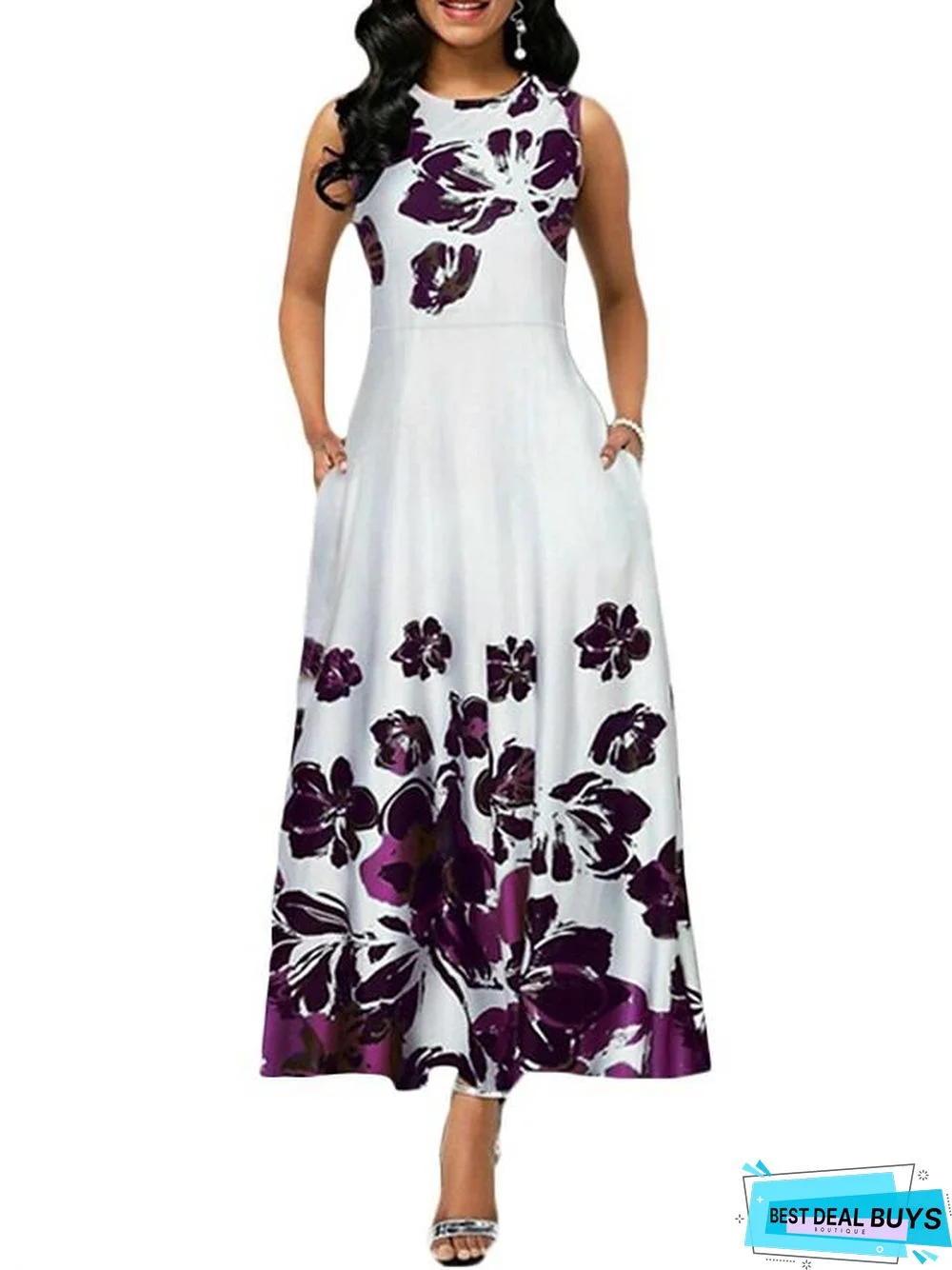 Women's A-Line Dress Maxi Long Dress Sleeveless Print Summer Casual White Black Blue Purple Wine Green White Dresses