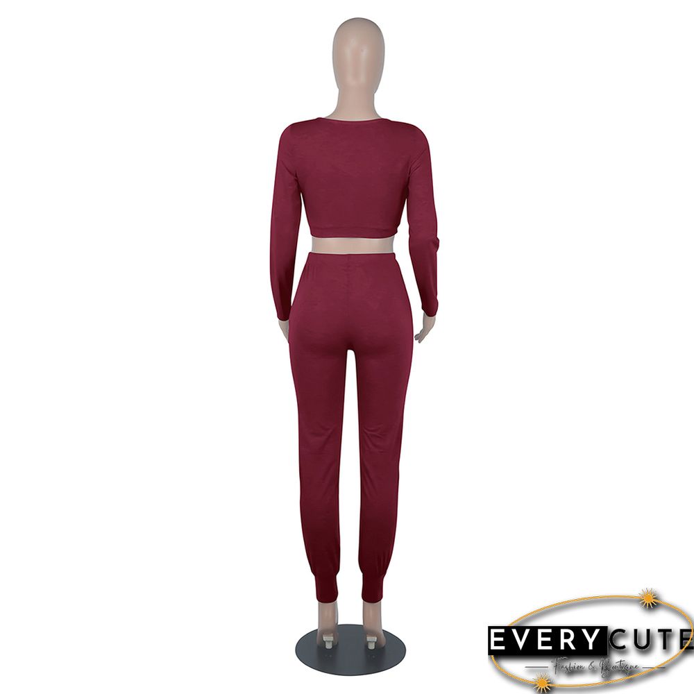 Wine Red Zipper Long Sleeve Crop Top And Pant Set