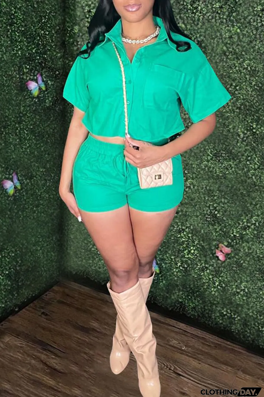 Orange Casual Solid Patchwork Buckle Turndown Collar Short Sleeve Two Pieces