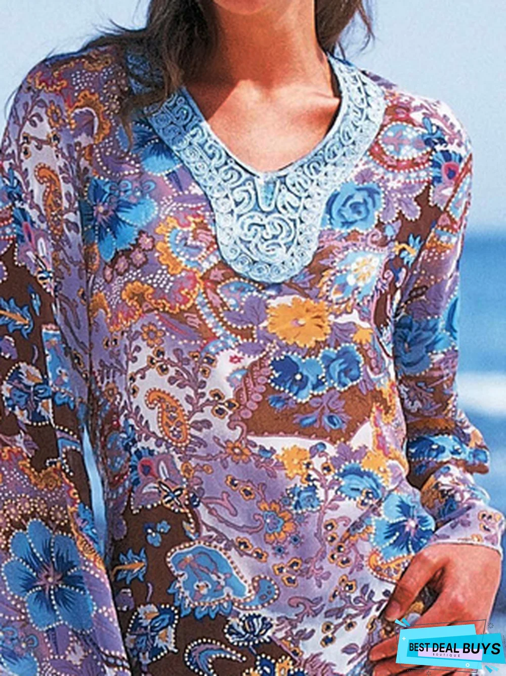 Floral Long Sleeve Lace Edge V Neck Vacation Tunic Top