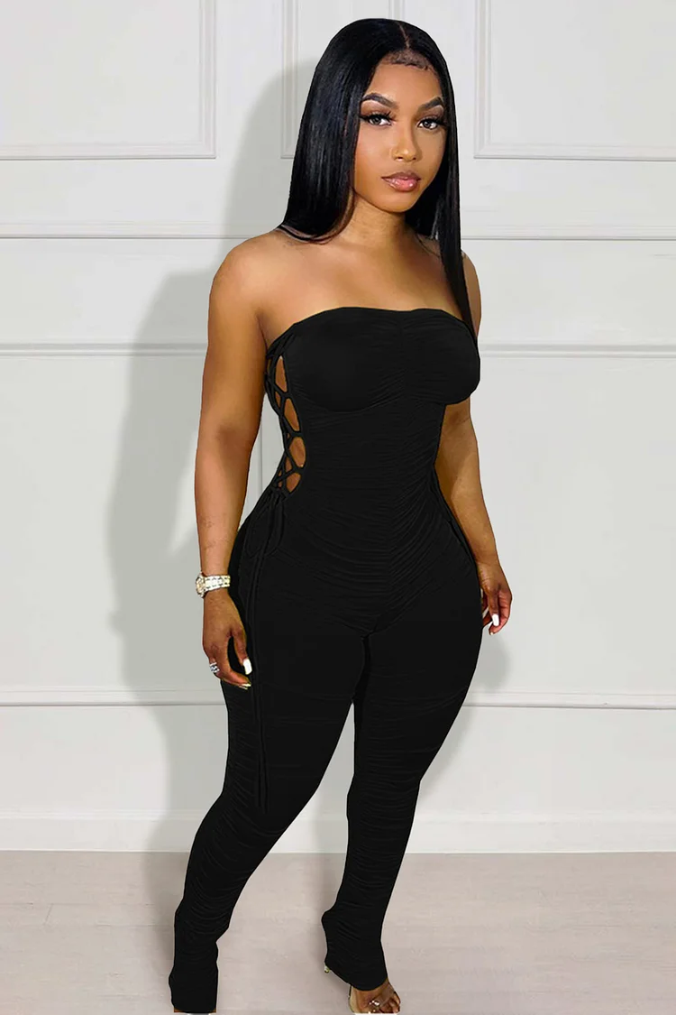Strapless Side Cutout Lace Up Solid Color Ruched Slim Fit Jumpsuit-Yellow