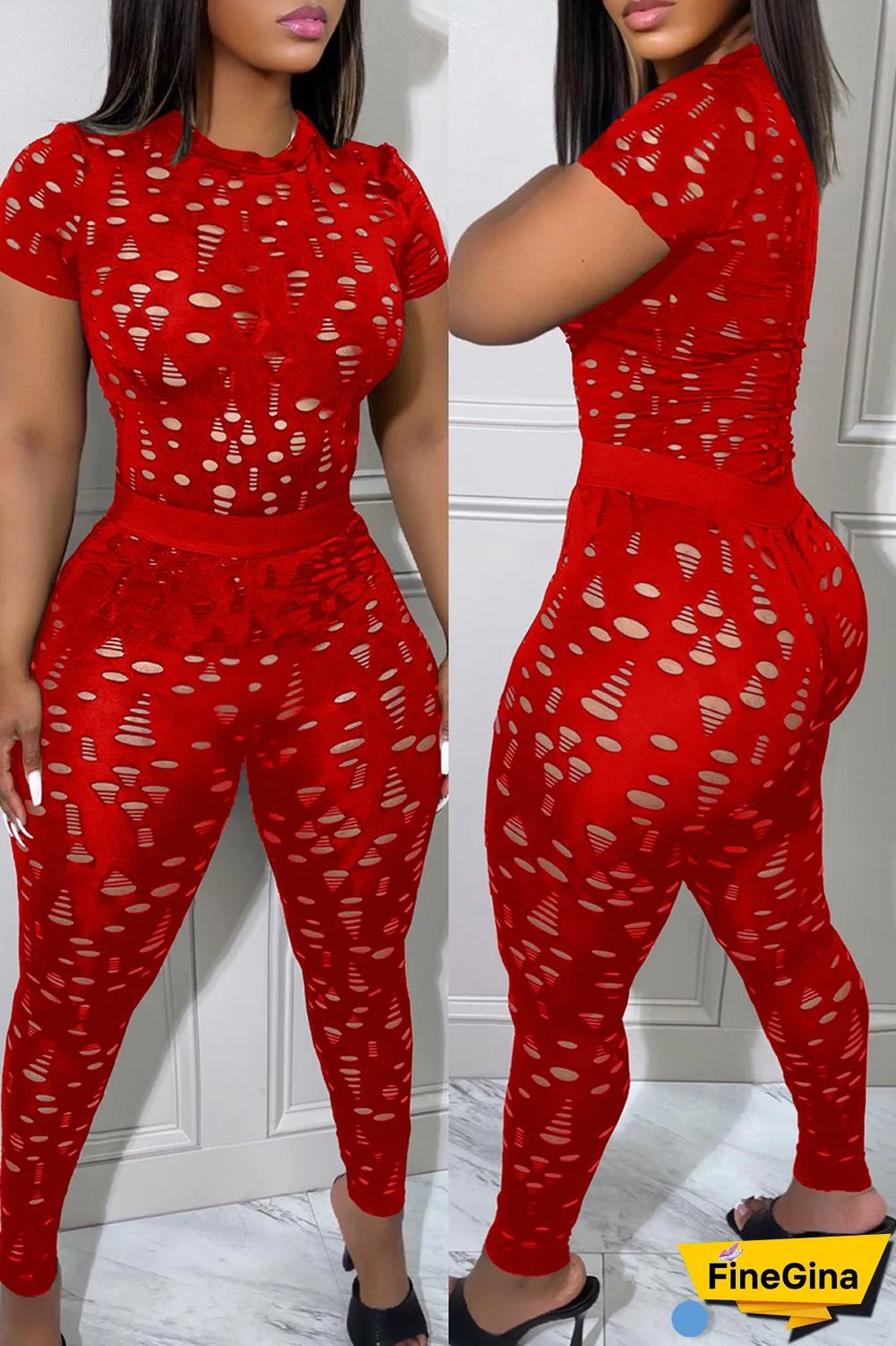 Black Sexy Solid Ripped Hollowed Out O Neck Short Sleeve Two Pieces