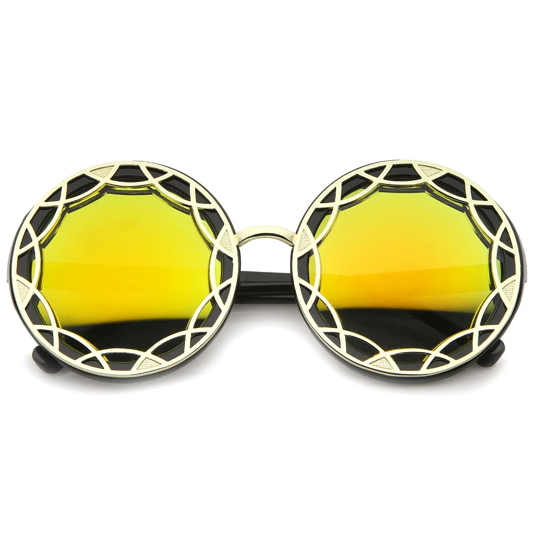 Women's Oversize Ornate Flat Pattern Color Mirror Lens Round glasses 55mm
