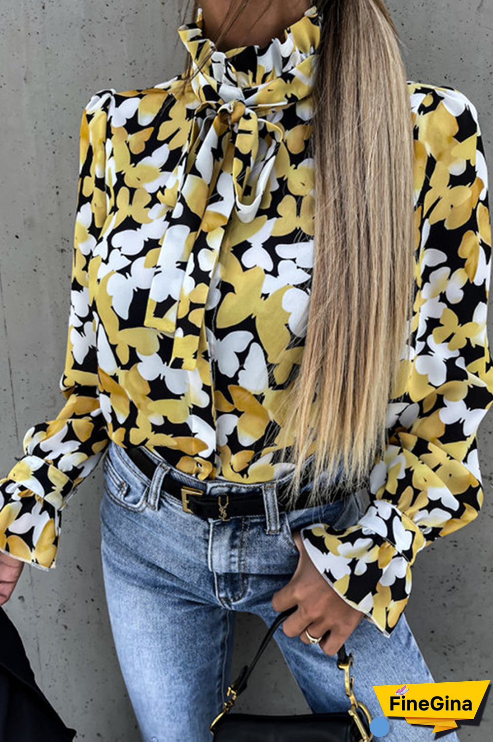 Fashion Elegant Print Flounce Strap Design Stringy Selvedge Collar Tops