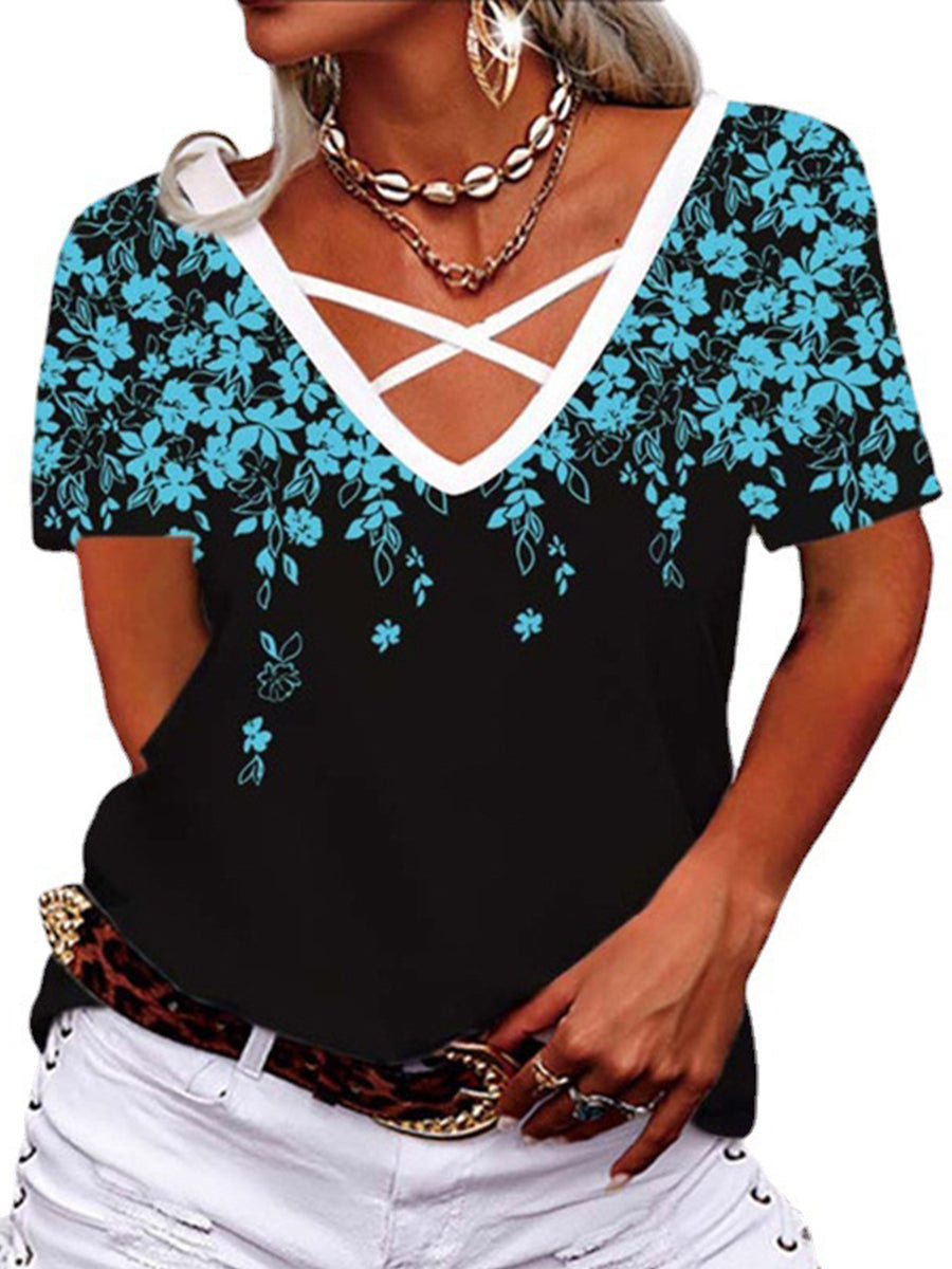 Women Short Sleeve V-neck Casual Geometric Floral Printed Top