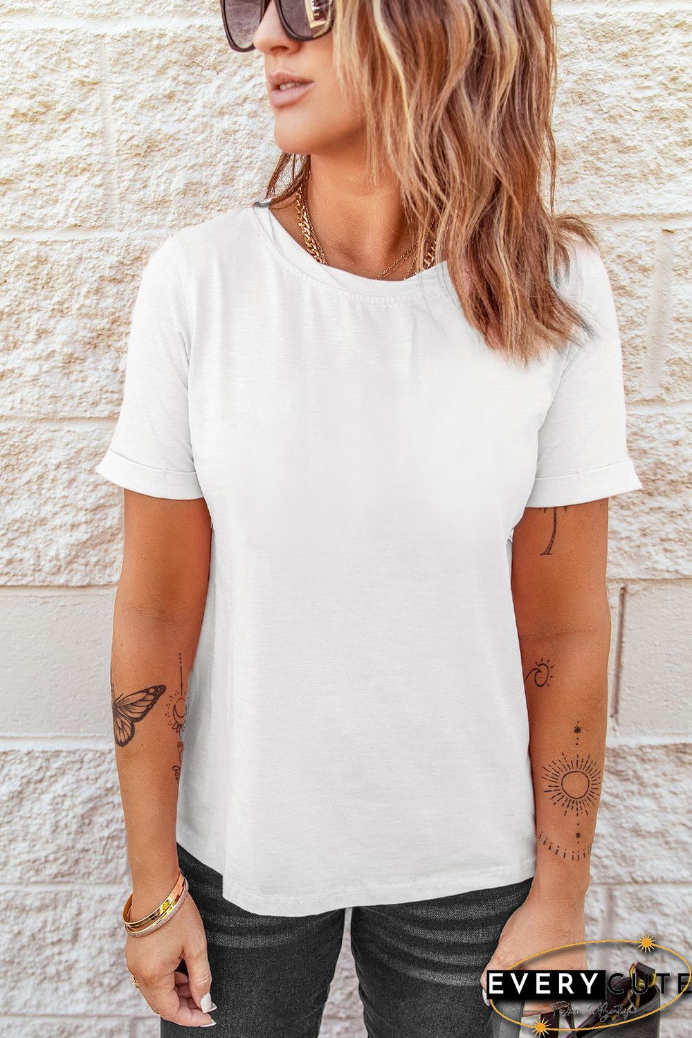 White Solid Color Crew Neck Tee