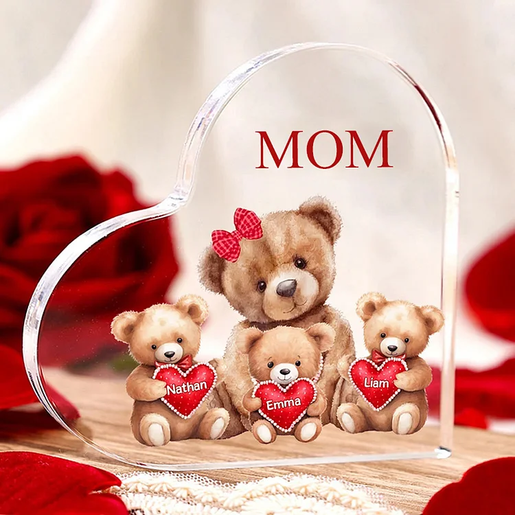 3 Names - Personalized Acrylic Heart Keepsake Custom Text Teddy Bear Ornaments Gifts for Grandma/Mother