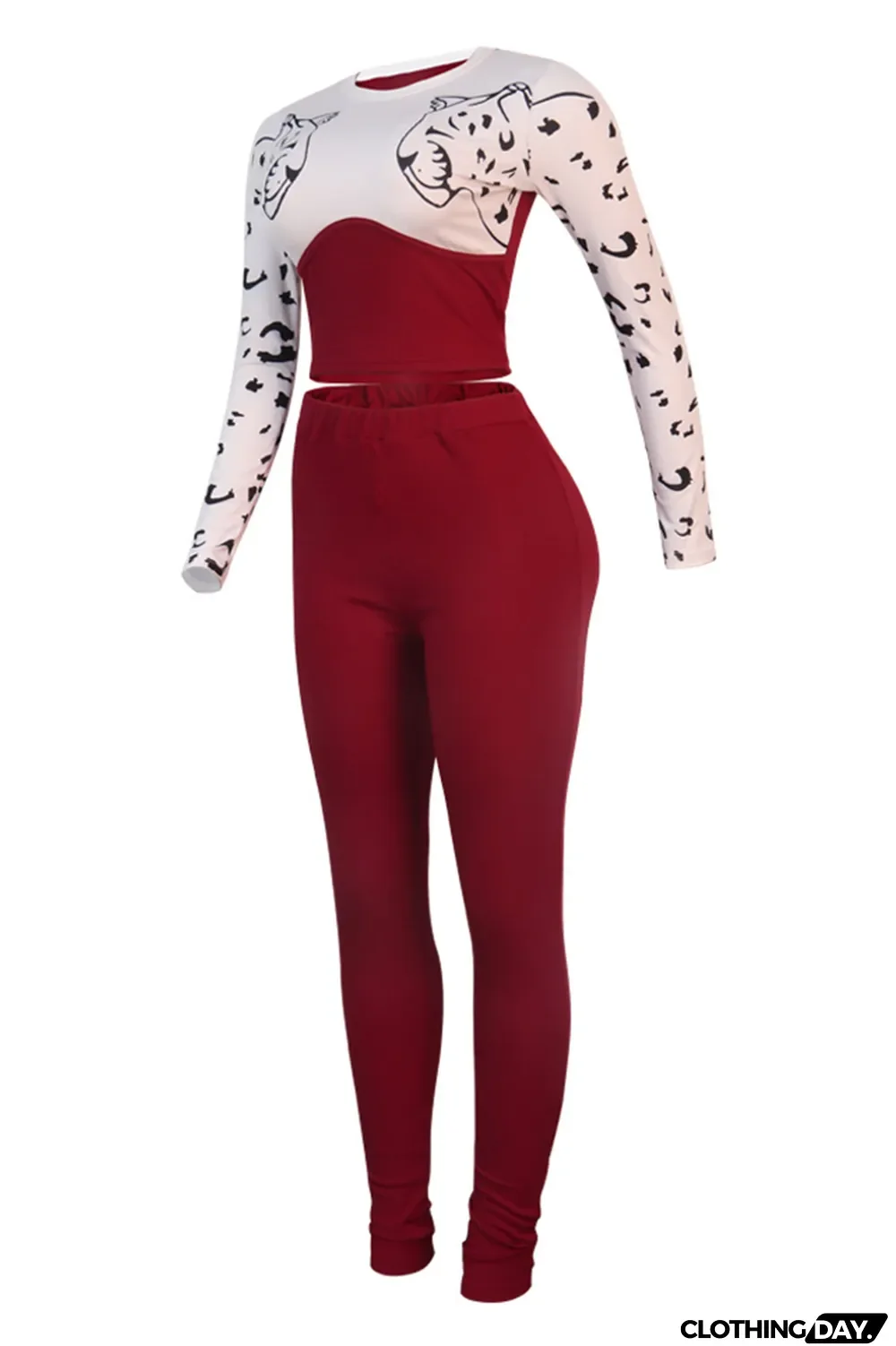 Red Fashion Casual Print Split Joint O Neck Long Sleeve Two Pieces