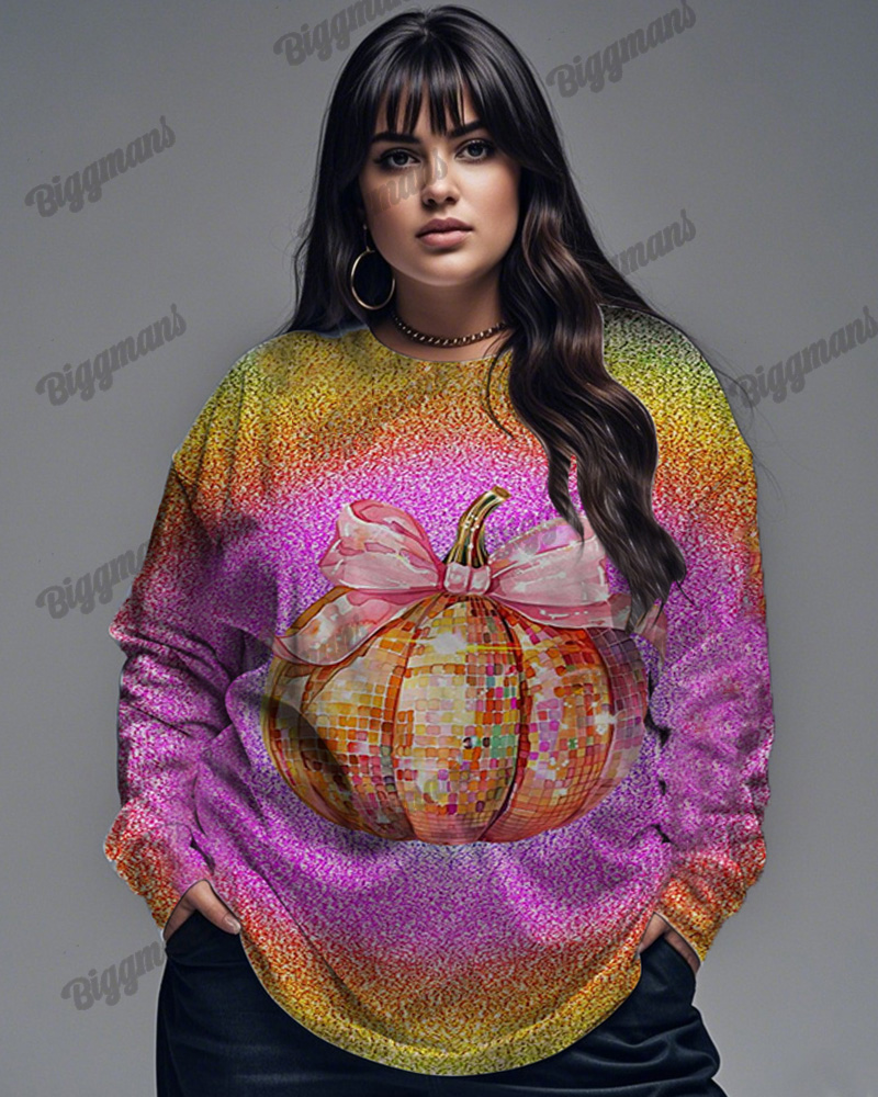 Halloween Pumpkin Gradient Color Plus Size Long Sleeve Top