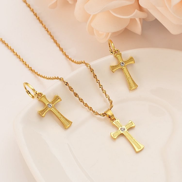 24k gold cz cross  crystal Pendant Necklace chain Earrings sets