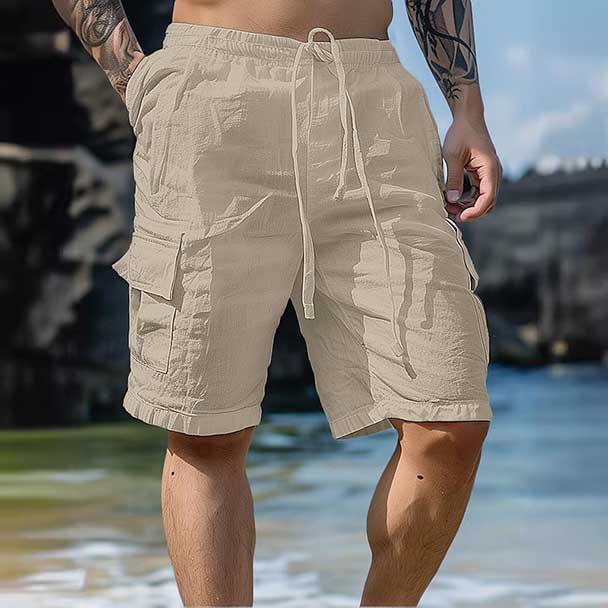  Men's Casual White Cargo Shorts with Adjustable Drawstring for Summer Beachwear