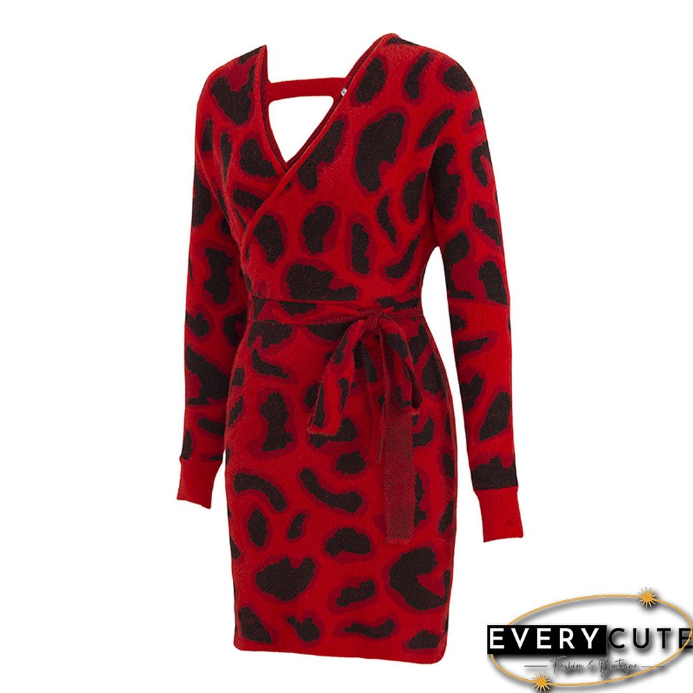 Red Leopard Print Tie Front Sweater Dress