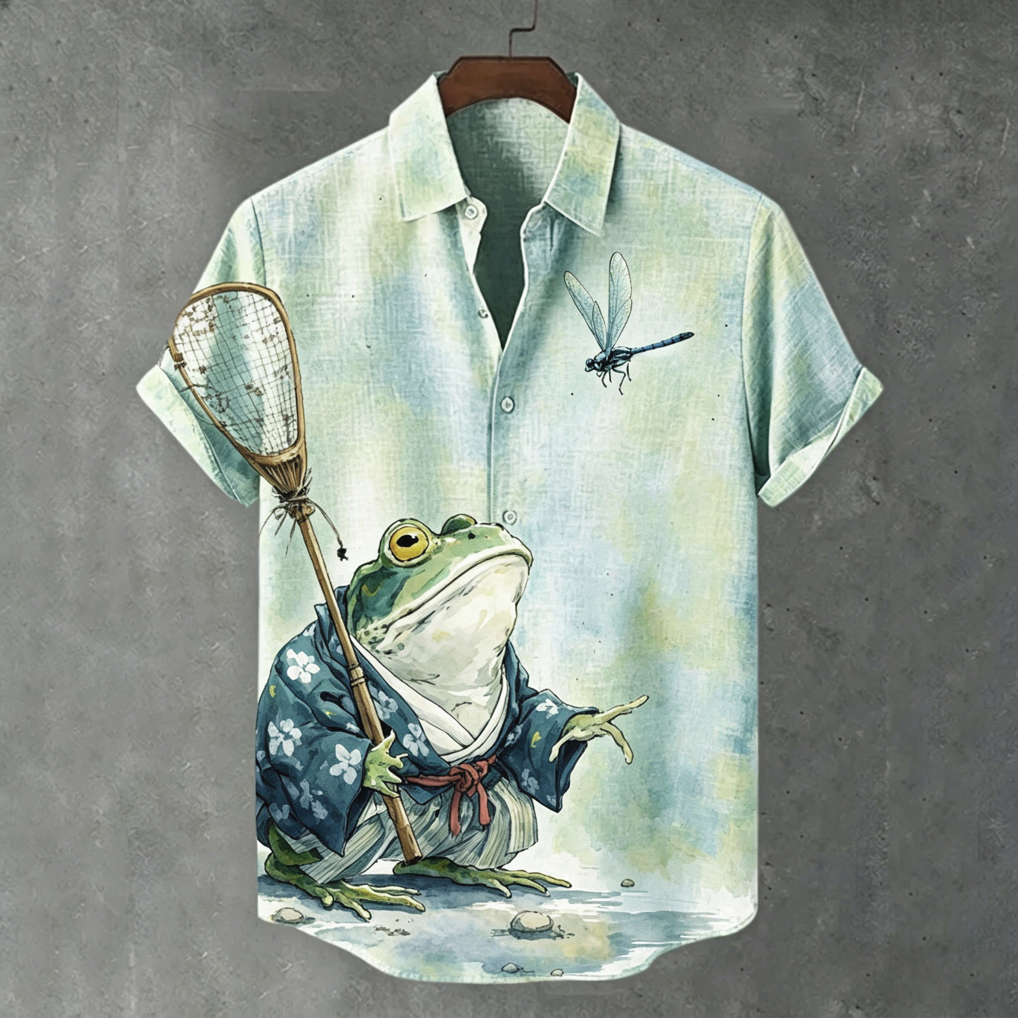 Comstylish Men's Japanese-style Casual Short-sleeved Shirt With Fun Frog And Dragonfly Print.