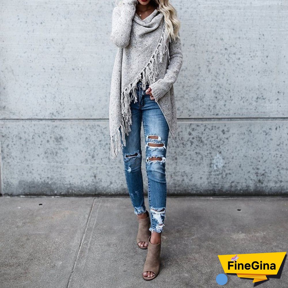 Fashion Women's Speckled Shawl Fringe Cardigan Knited Tassels Slash Sweater Coat Outwear