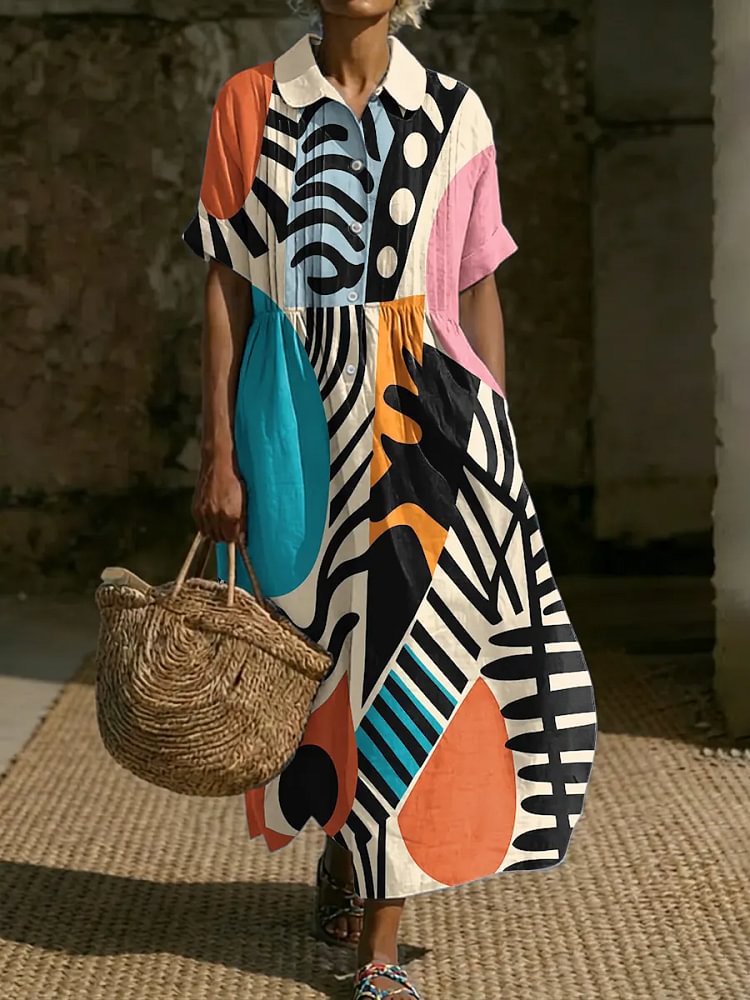 Women's Abstract Geometric Art Print Casual Short Sleeve Small Collared Linen Dress