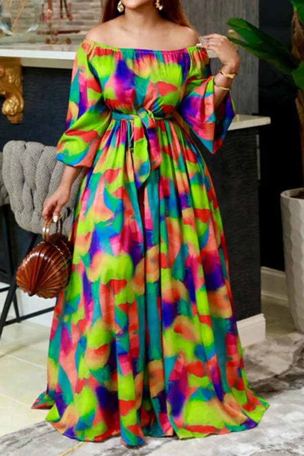 Colorful Abstract Print Off Shoulder Belted Maxi Dress