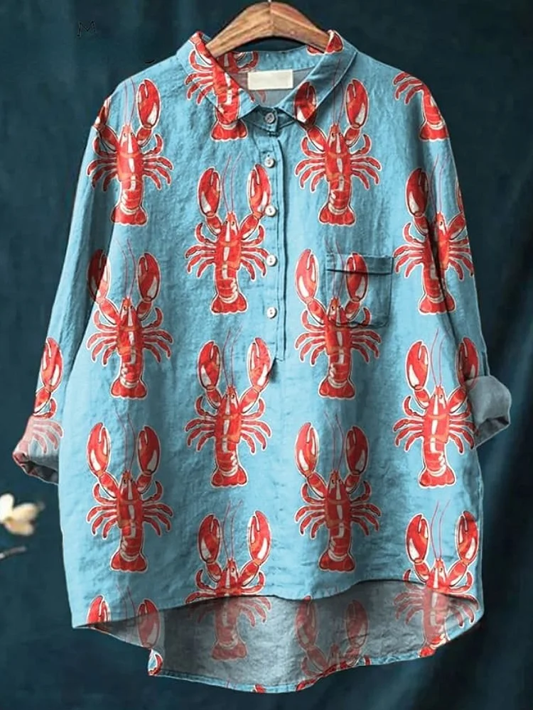 Lobster Repeat Pattern Printed Women's Casual Cotton And Linen Shirt