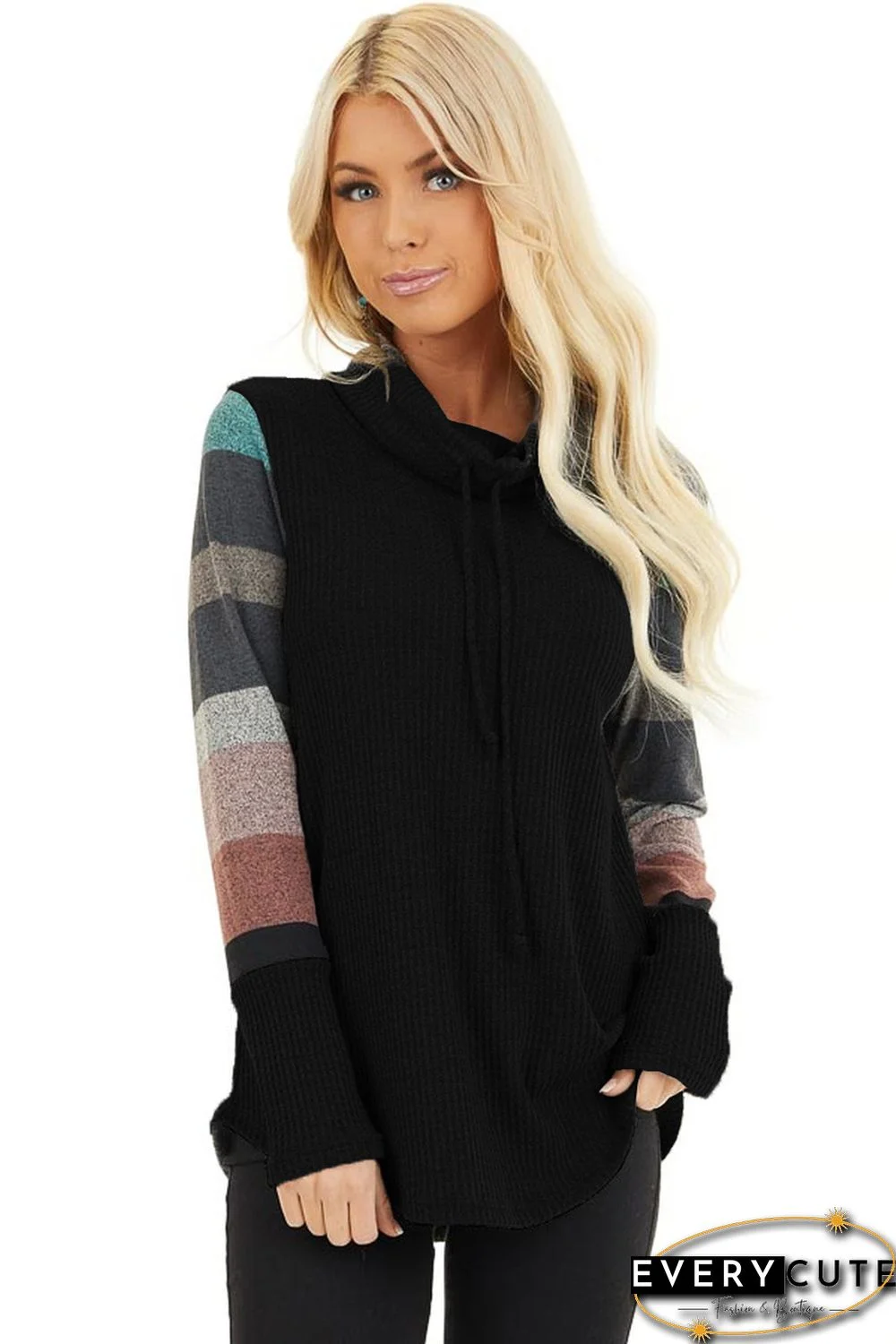 Black Cowl Neck Knit Top With Multi Color Striped Sleeves