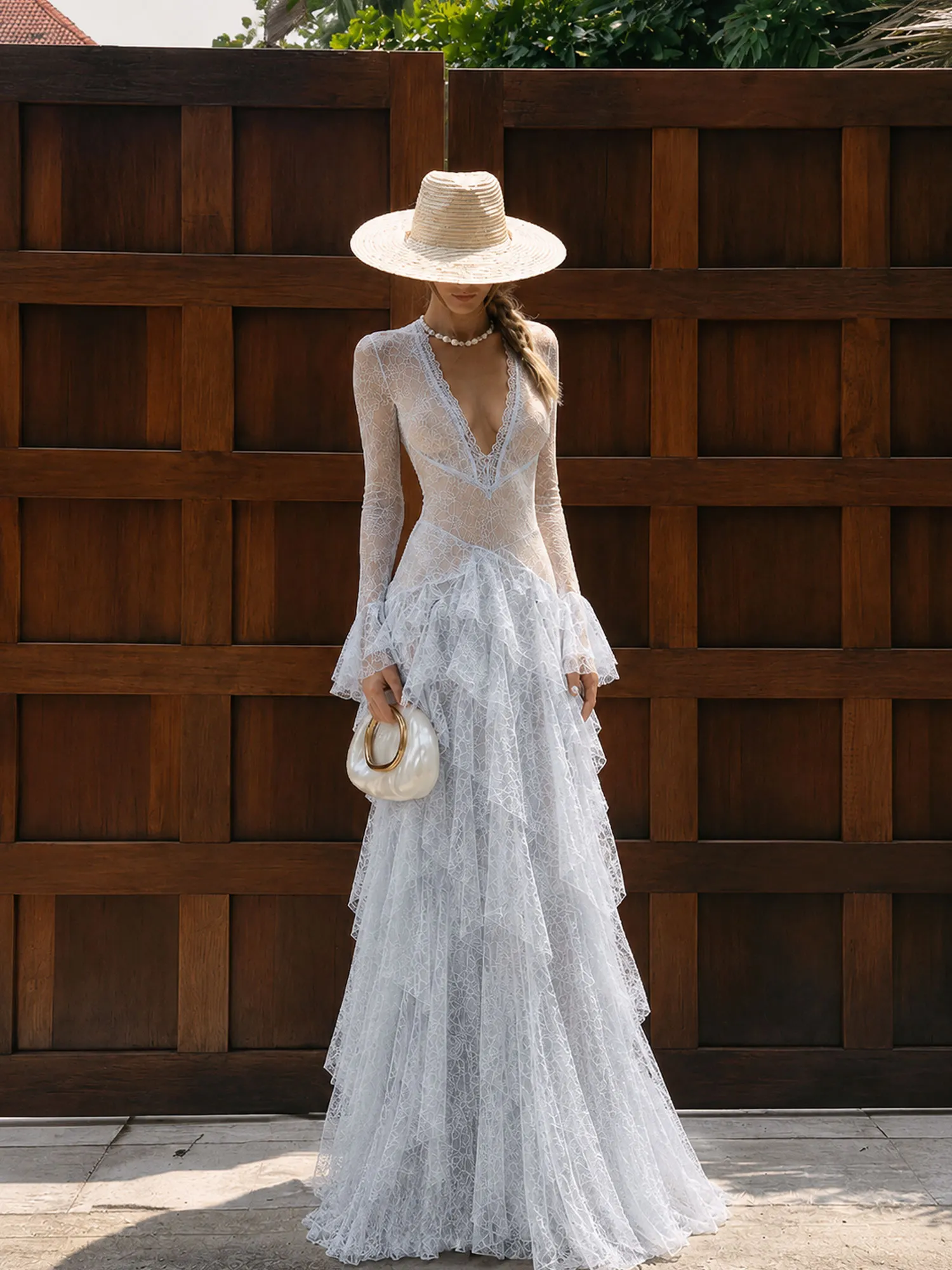 Ideal for a Sunset Desert Wedding Soiree &mdash; Women's 2026 Fall Sky Blue Long Sleeve Bell Cuff Sheer Floral Lace Maxi Dress