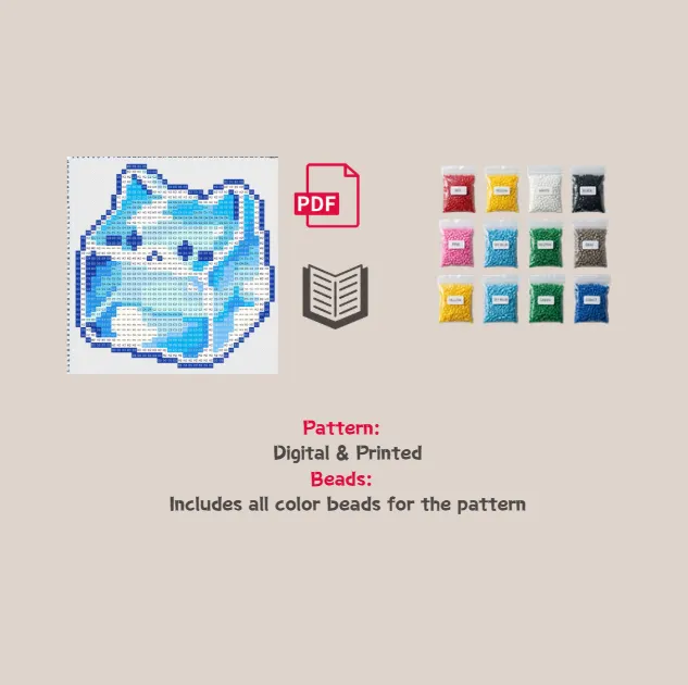 Blue Ice Cube Cat Pixel Pattern Fuse Bead Kit  | Cute DIY Fuse 1211 Beads Set