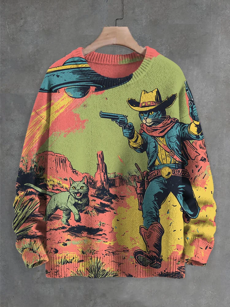 Men's UFO Cowboy Cat Sci-Fi Art Print Knit Sweatshirt