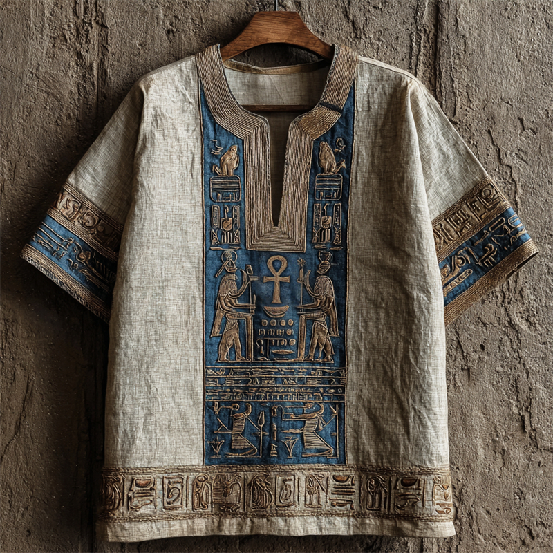 Comstylish Vintage Ankh Ancient Egyptian Gods & Runes Linen Shirt