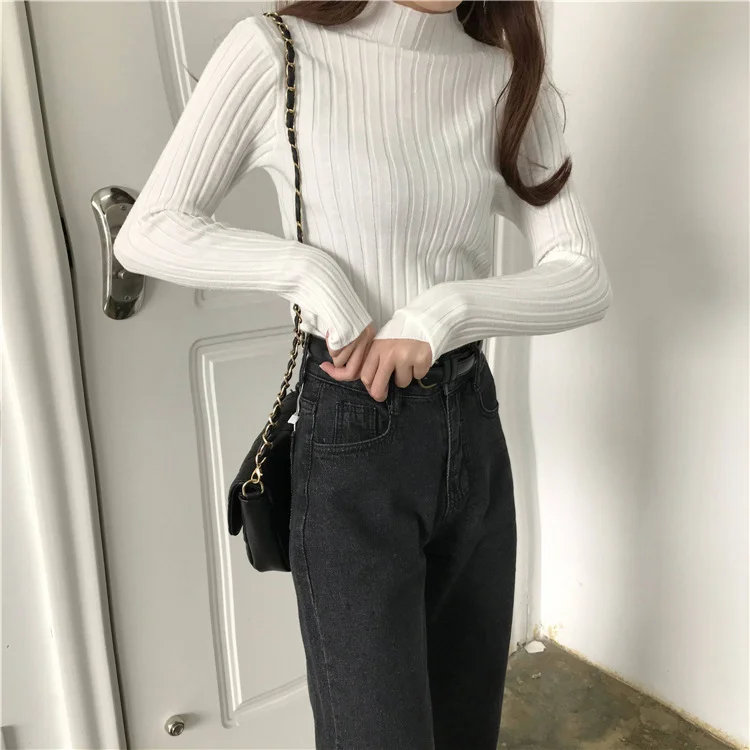 Uveng Uveng Winter Half-High Sweater Women Long Sleeve Pure Color Spring And Autumn Pit Stripe Loose Knitted Bottom Shirt