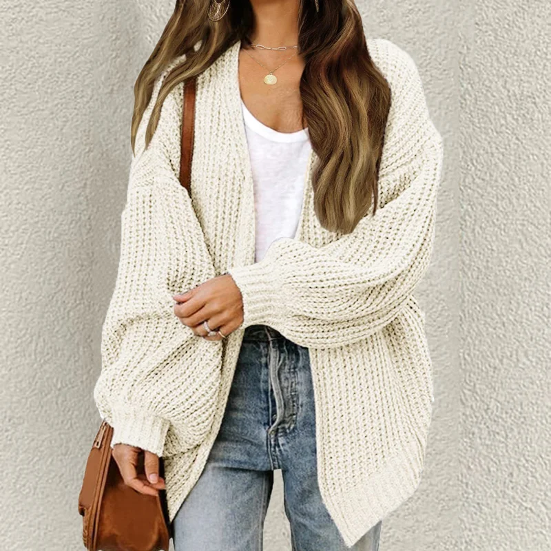 Lantern Sleeve Thick Pocket Knitted Sweater Cardigan