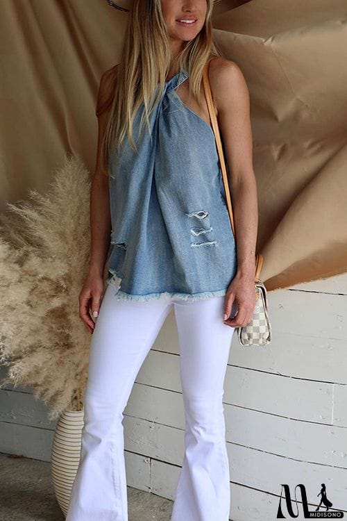 MidiSono - Ripped Raw Edge Halter Neck Top