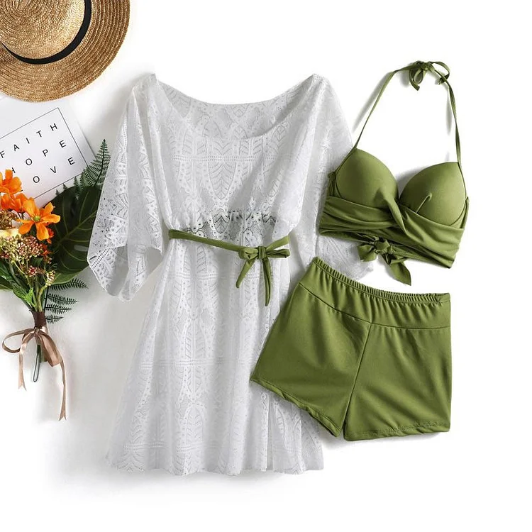 Lace Up Three-Piece Swimwear - Modakawa modakawa