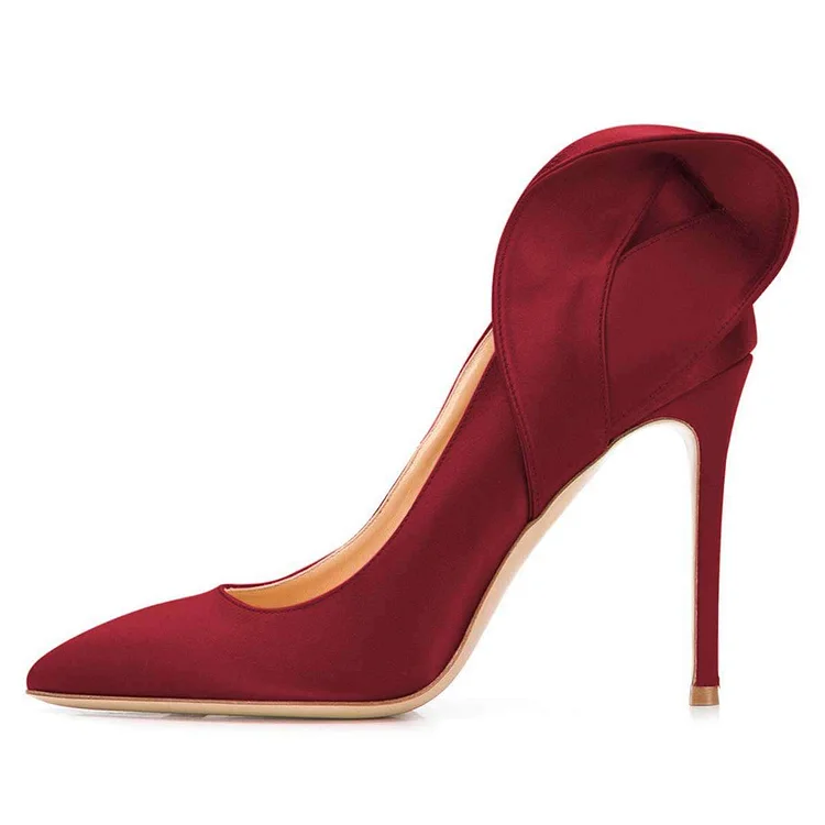Burgundy Satin Pron Shoes Pointy Toe Stiletto Heel Pumps |FSJ Shoes