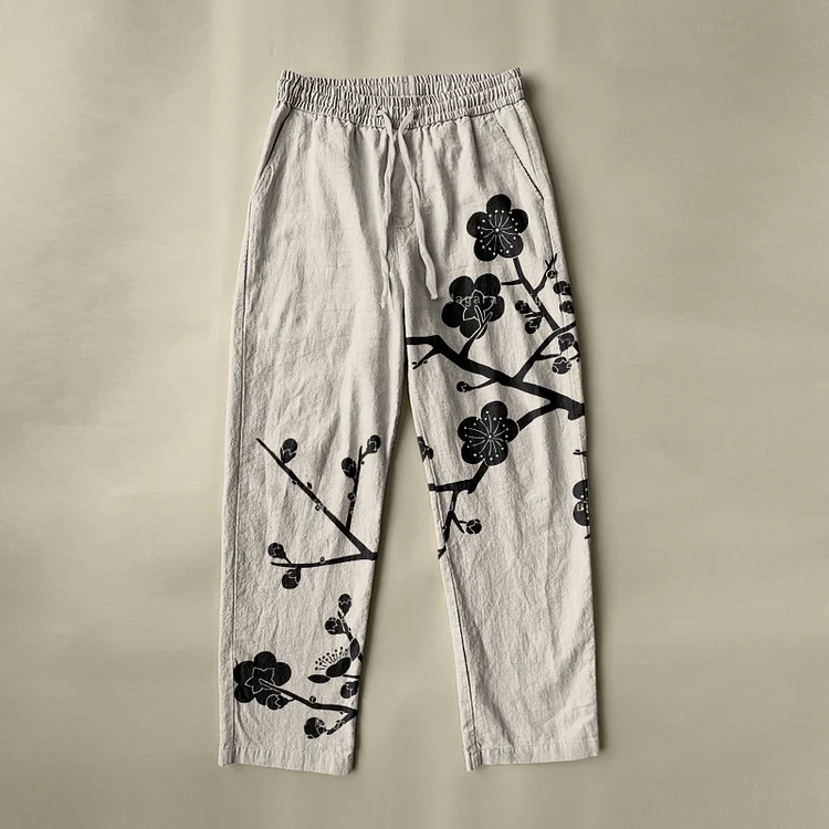 Men's Japanese Art Plum Blossom Linen Blend Casual Pants