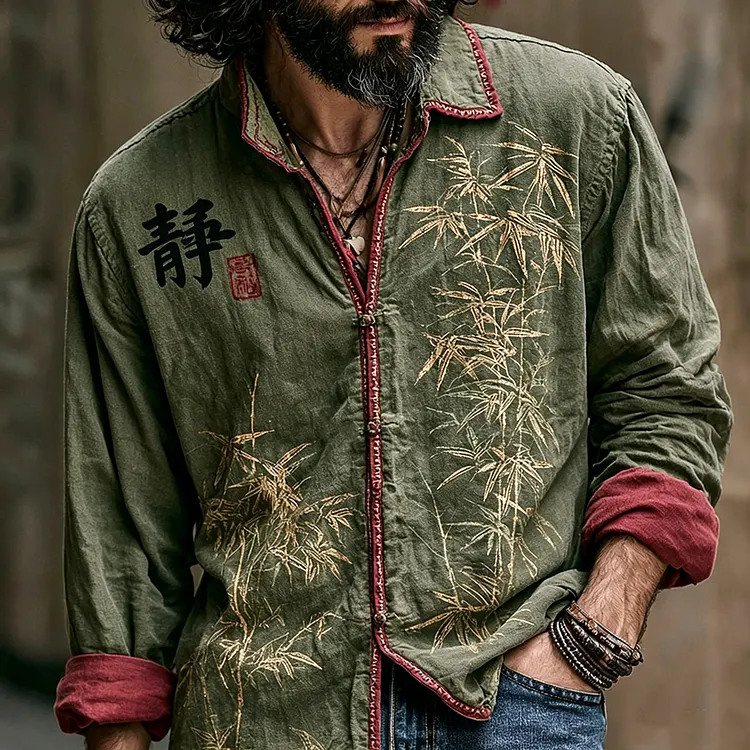 Men's Retro Japanese Calligraphy And Bamboo Art Pattern Casual Shirt