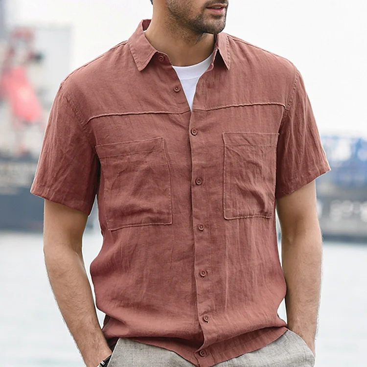 Casual Solid Linen Two Pocket Cargo Short Sleeve Shirt