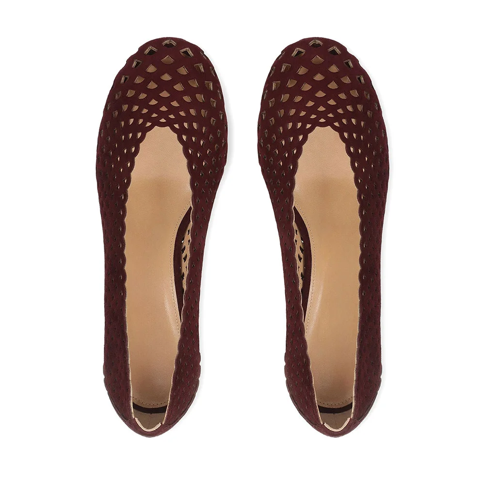 Women's Maroon Round Toe Slip On Hollow-Out Kitten Heel Pumps