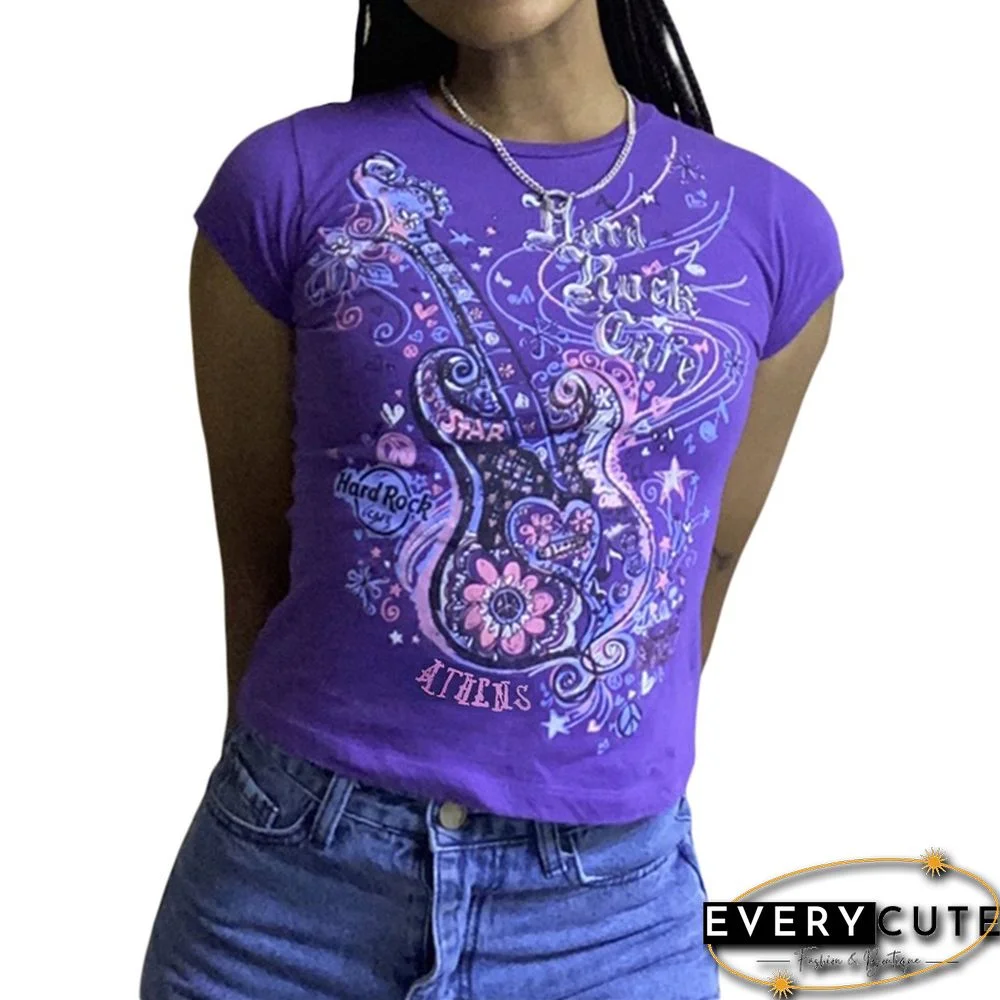 Women Guitar Letter Print Tops Cute Short Sleeve T Shirt Chic Wild Round Neck Tee Aesthetic Harajuku Clothes