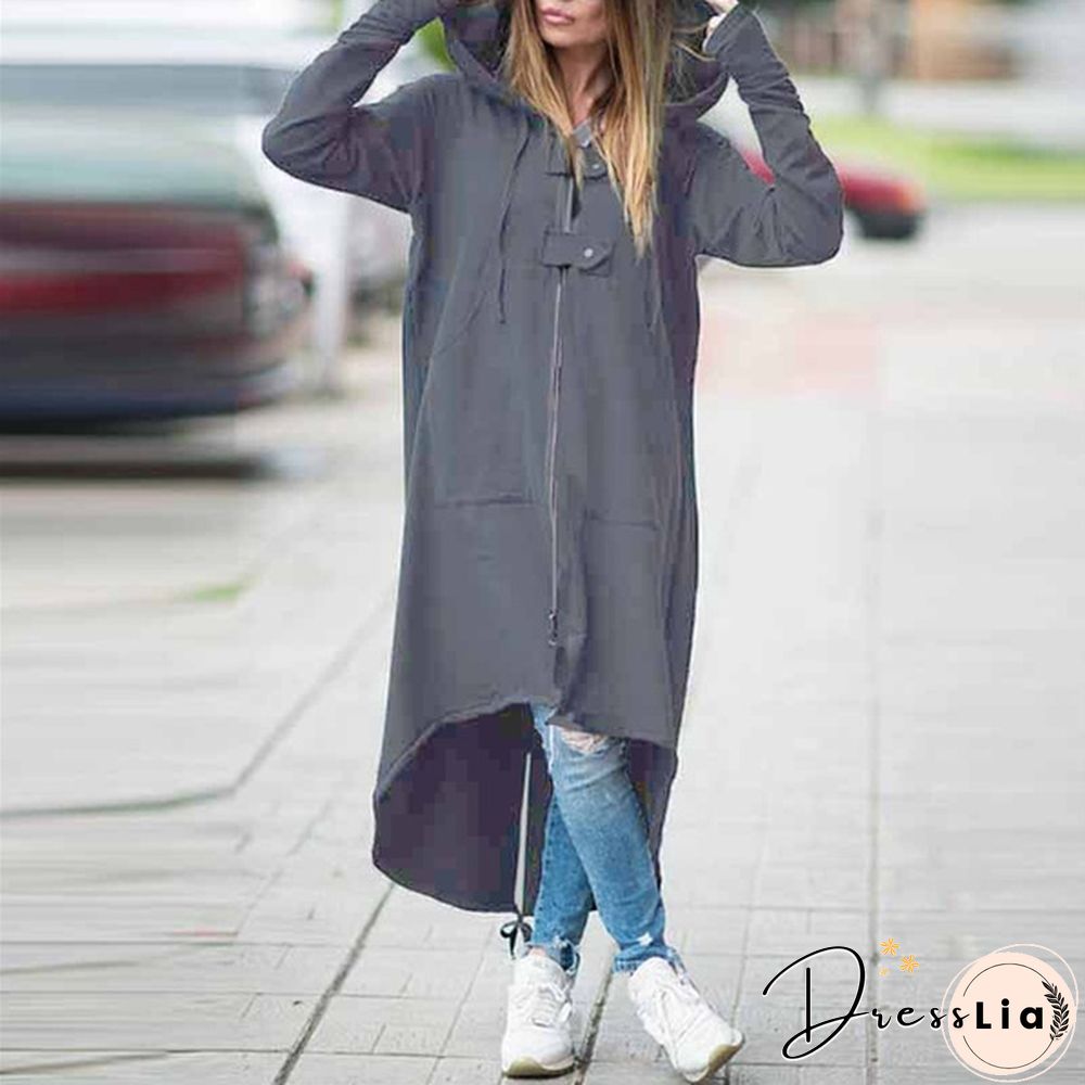 Oversize Women Hooded Long Sleeve Zip-up Asymmetric Hem Long Hoodie Coat Jacket Outwear