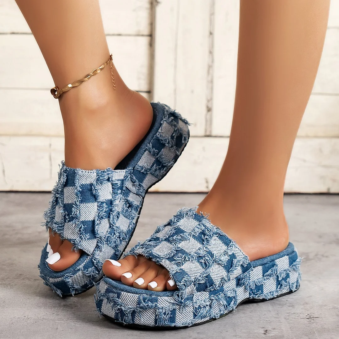 Tanguoant Tanguoant Washed Denim Thick Base Slippers Geometric Pattern Jacquard Plaid Slippers Women Slippers