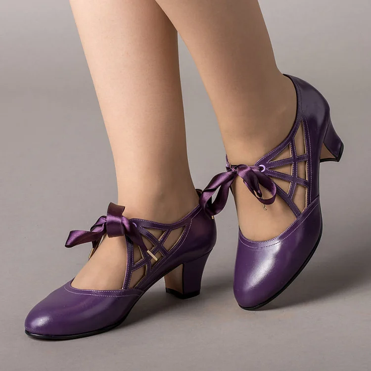 Purple Hotllow Out Loafers Round Toe Patent Block Heels Lace Up Shoes |FSJ Shoes