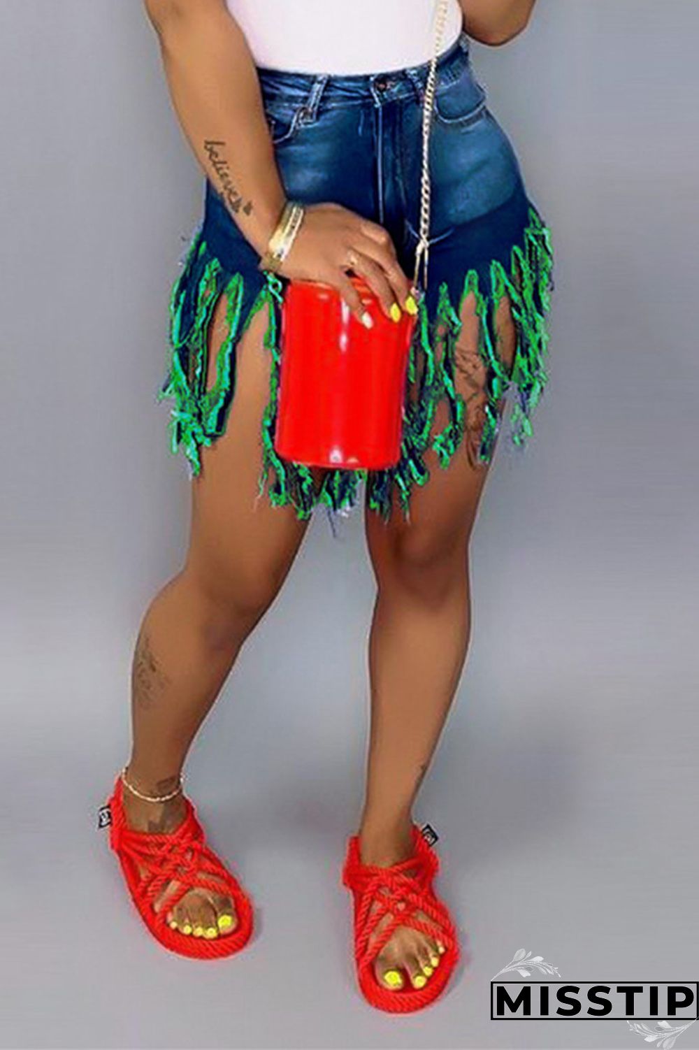 Green Red Green Yellow Royal blue Tassel Design Denim