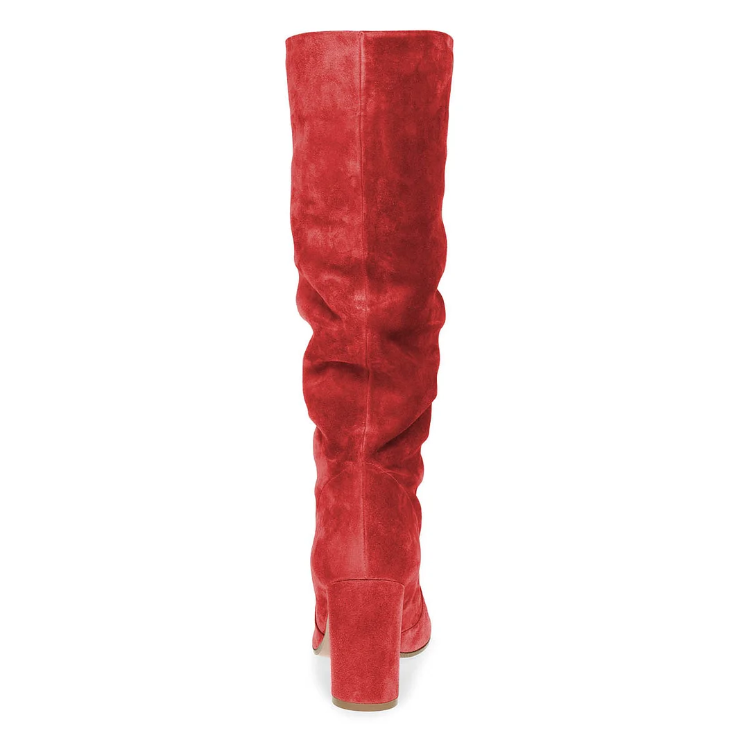 Red Vegan Suede Chunky Heel Slouch Knee High Boots for Women
