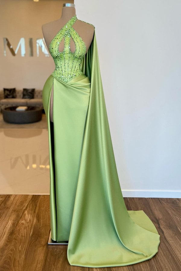 Bellasprom Sage Green One Shoulder Ruffle Prom Dress Mermaid High Slit With Sequins Beads