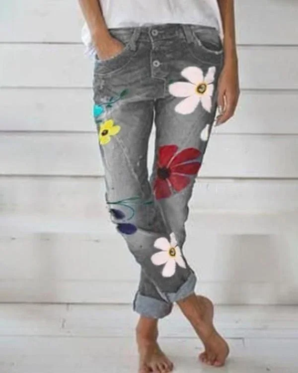 Women Vintage Floral Fashion Denim Bottoms Jeans Pants P104478