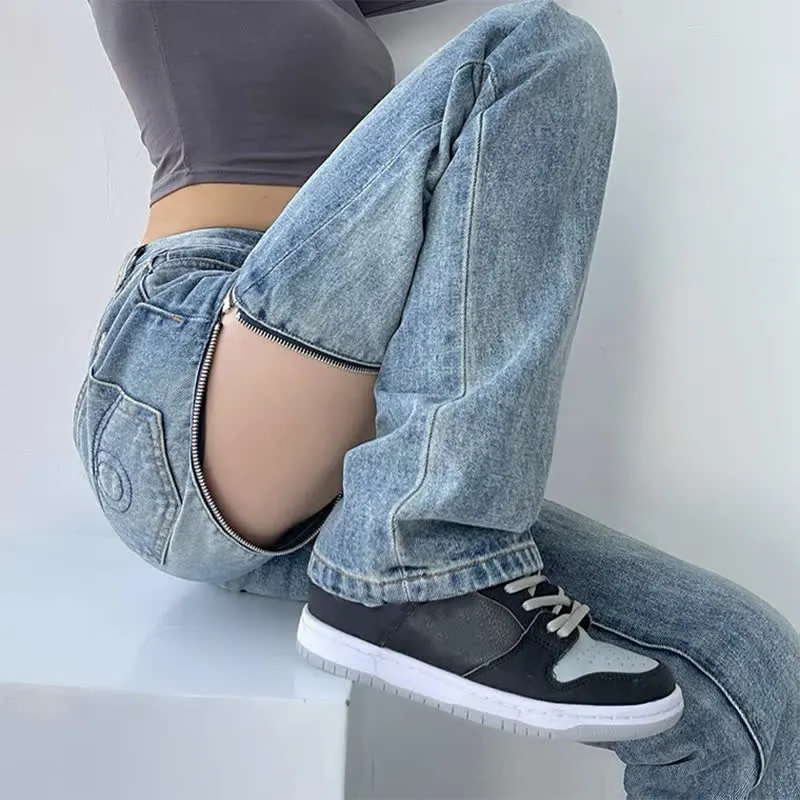 Zipper Detachable High Waist Straight Casual Denim Pants