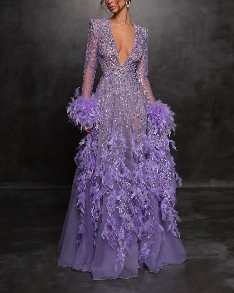 Purple Shiny Deep V Neck Feather Dress